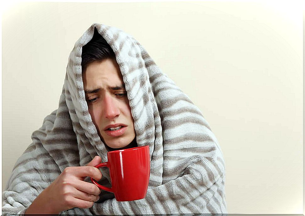 Cooled boy with blanket and herbal tea