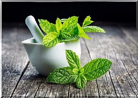 White mortar with mint leaves on wooden table