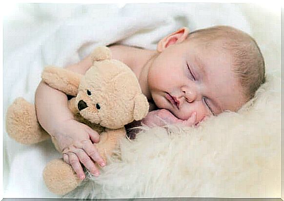 Newborn sleeping with a soft toy