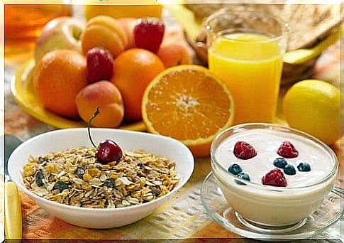 Breakfast with cereals and fruit