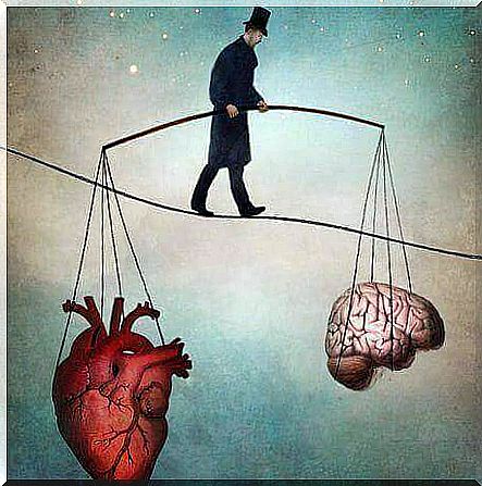 tightrope walker holding heart and brain